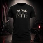 PIT CREW four friends from behind t-shirt shown on a ghost mannequin, black, front view