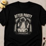 Black t-shirt printed AFTER PARTY above a pug in a studded vest slumped belly-up in a leather armchair