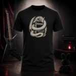 dragon coiled around an amplifier stack t-shirt shown on a ghost mannequin, black, front view