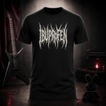 IBUPROFEN death metal lettering t-shirt shown on a ghost mannequin, black, front view