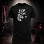 BOOP OF DOOM dragon and gauntlet t-shirt shown on a ghost mannequin, black, front view