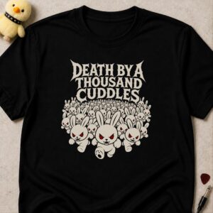 Black t-shirt printed DEATH BY A THOUSAND CUDDLES above a horde of red-eyed fanged bunnies