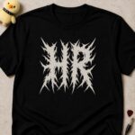 Black t-shirt printed HR in illegible spiky death metal lettering