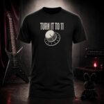 TURN IT TO 11 amplifier knob t-shirt shown on a ghost mannequin, black, front view