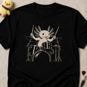Black t-shirt printed with an axolotl playing a drum kit