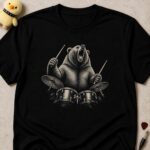 Black t-shirt printed with a roaring bear playing a drum kit