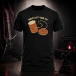 SORRY CAN'T HEAR YOU crushed tin-can phone t-shirt shown on a ghost mannequin, black, front view