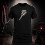 spiked microphone mace t-shirt shown on a ghost mannequin, black, front view