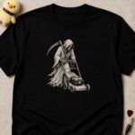 Black t-shirt printed with a grim reaper pushing a lawnmower, scythe over his shoulder