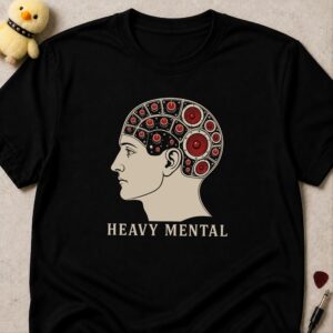 Black t-shirt printed HEAVY MENTAL below a phrenology head whose brain is a panel of amplifier knobs