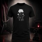 grumpy cat dropping metal gear off a shelf t-shirt shown on a ghost mannequin, black, front view