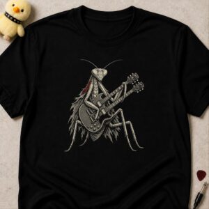Black t-shirt printed with a praying mantis playing an electric guitar