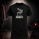 REMOTE skeleton in an office chair t-shirt shown on a ghost mannequin, black, front view