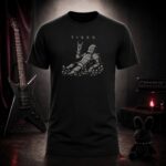 TIRED knight lying in flowers t-shirt shown on a ghost mannequin, black, front view