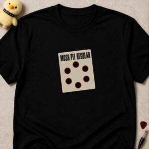 Black t-shirt printed with a loyalty card reading MOSH PIT REGULAR, every slot punched out
