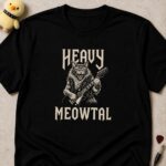 Black t-shirt printed HEAVY MEOWTAL around a snarling cat in a leather jacket playing an electric guitar