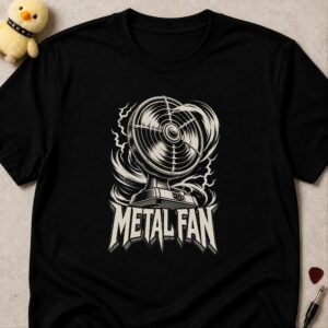Black t-shirt printed METAL FAN below an electric desk fan crackling with lightning