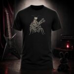 praying mantis guitarist t-shirt shown on a ghost mannequin, black, front view