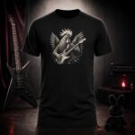 rooster guitarist t-shirt shown on a ghost mannequin, black, front view
