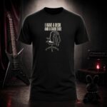 I HAVE A DESK AND A DARK SIDE jacket on an office chair t-shirt shown on a ghost mannequin, black, front view