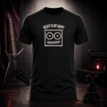 HEAVY IS MY HAPPY smiling amplifier t-shirt shown on a ghost mannequin, black, front view