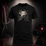 axolotl drummer t-shirt shown on a ghost mannequin, black, front view