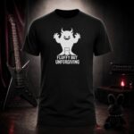FLUFFY BUT UNFORGIVING kitten with a monster shadow t-shirt shown on a ghost mannequin, black, front view