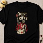 Black t-shirt printed QUEST FOR RIFFS beside a crusader skeleton knight raising a red electric guitar like a sword