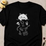 Black t-shirt printed with a fluffy white cat peering over a shelf as skulls, a Flying V guitar, chains and a cassette tumble below