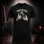SHRED OR DEAD coin toss t-shirt shown on a ghost mannequin, black, front view