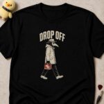Black t-shirt printed DROP OFF above a plague doctor in a long coat carrying a child's lunchbox