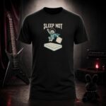 SLEEP NOT child leaping off a bed t-shirt shown on a ghost mannequin, black, front view
