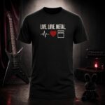 LIVE LOVE METAL heartbeat and amplifier t-shirt shown on a ghost mannequin, black, front view