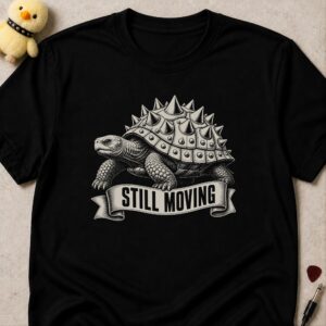 Black t-shirt printed STILL MOVING on a banner below a tortoise with a spiked shell