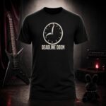DEADLINE DOOM scythe clock t-shirt shown on a ghost mannequin, black, front view