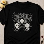 Black t-shirt printed PANDAMONIUM in metal lettering above three pandas playing drums and guitars