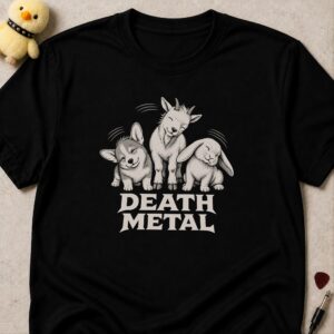 Black t-shirt printed DEATH METAL below a corgi puppy, a goat kid and a rabbit headbanging together