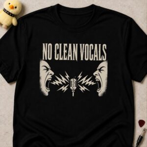 Black t-shirt printed NO CLEAN VOCALS above two screaming faces either side of a microphone