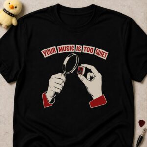 Black t-shirt printed YOUR MUSIC IS TOO QUIET above two hands inspecting a tiny amplifier through a magnifying glass
