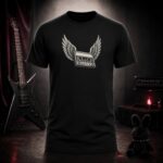 winged cassette tape t-shirt shown on a ghost mannequin, black, front view