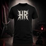 HR illegible death metal logo t-shirt shown on a ghost mannequin, black, front view