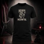 HEAVY MEOWTAL cat guitarist t-shirt shown on a ghost mannequin, black, front view