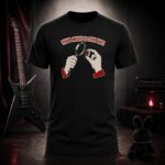YOUR MUSIC IS TOO QUIET tiny amp under a magnifier t-shirt shown on a ghost mannequin, black, front view