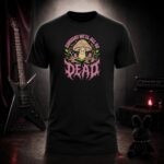 SOMEDAY WE'LL ALL BE DEAD smiling mushroom t-shirt shown on a ghost mannequin, black, front view