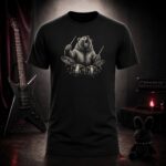 roaring bear drummer t-shirt shown on a ghost mannequin, black, front view