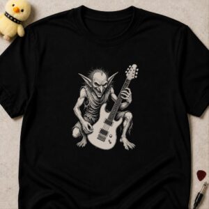 Black t-shirt printed with a goblin playing an electric guitar