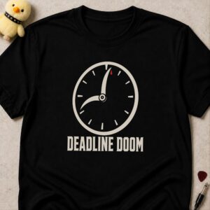 Black t-shirt printed DEADLINE DOOM below a clock whose hands are a scythe