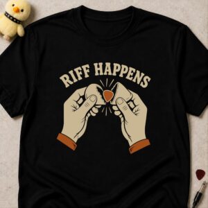 Black t-shirt printed RIFF HAPPENS above two hands snapping a guitar pick in half