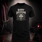 BUNNY OF THE BREAKDOWN rabbit drummer t-shirt shown on a ghost mannequin, black, front view