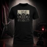 PROTECTION ram in ear defenders t-shirt shown on a ghost mannequin, black, front view